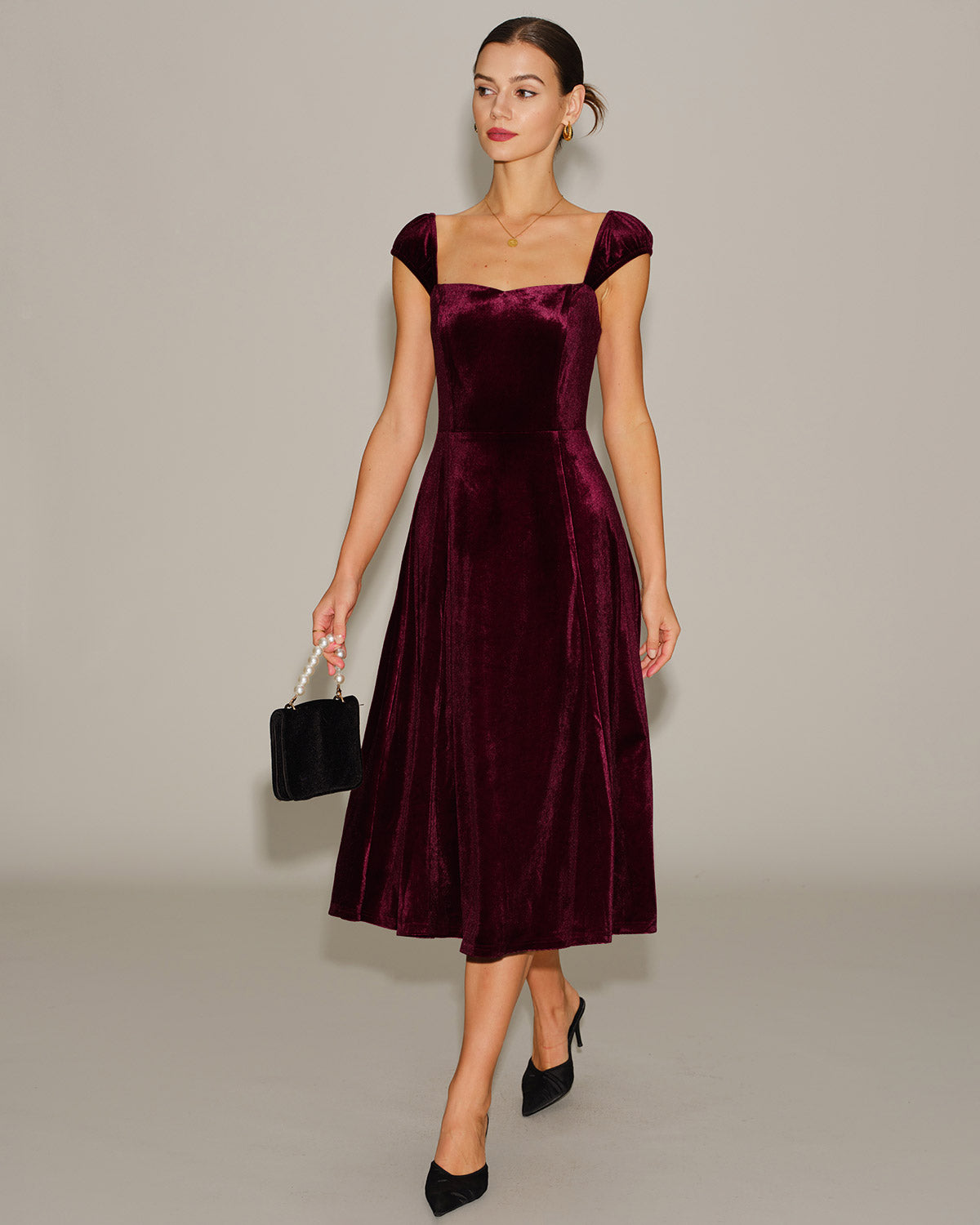Red Velour Sweetheart Neck Midi Dress | Rihoas