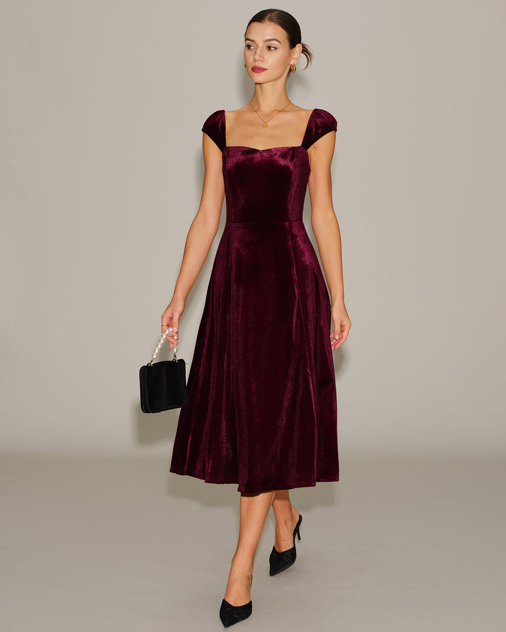 Red Velour Sweetheart Neck Midi Dress | Rihoas