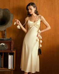Yellow Flowers Satin Slip Midi Dress | Rihoas