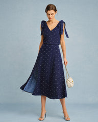 Navy V Neck Polka Dot Cami Top | Rihoas