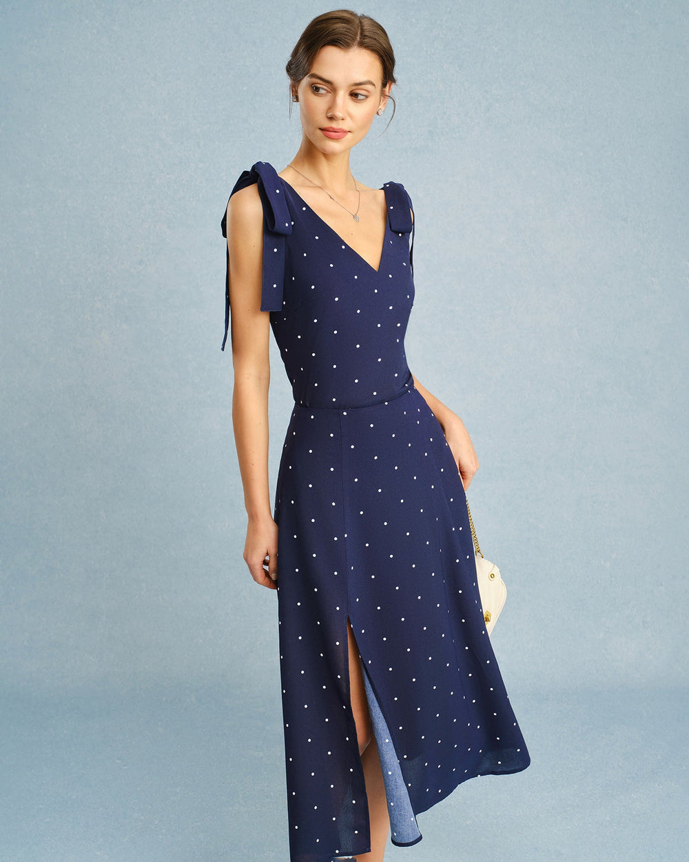 Navy V Neck Polka Dot Cami Top | Rihoas