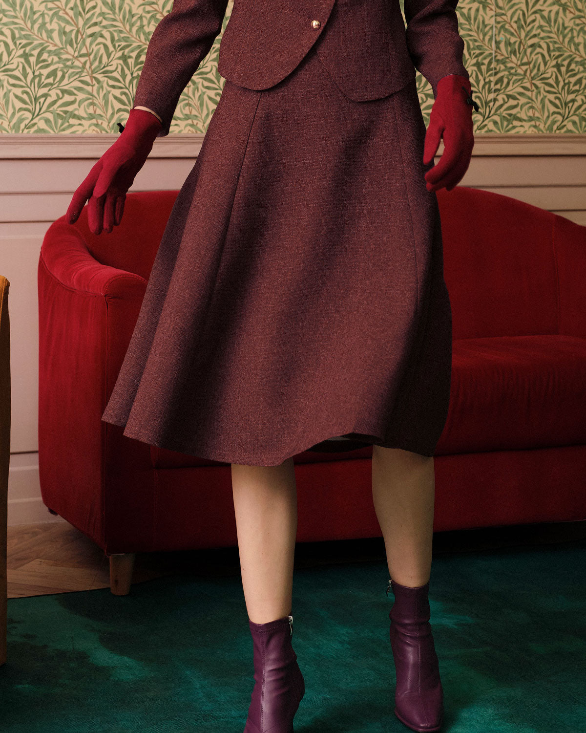 Burgundy High Waisted Tweed Skirt | Rihoas