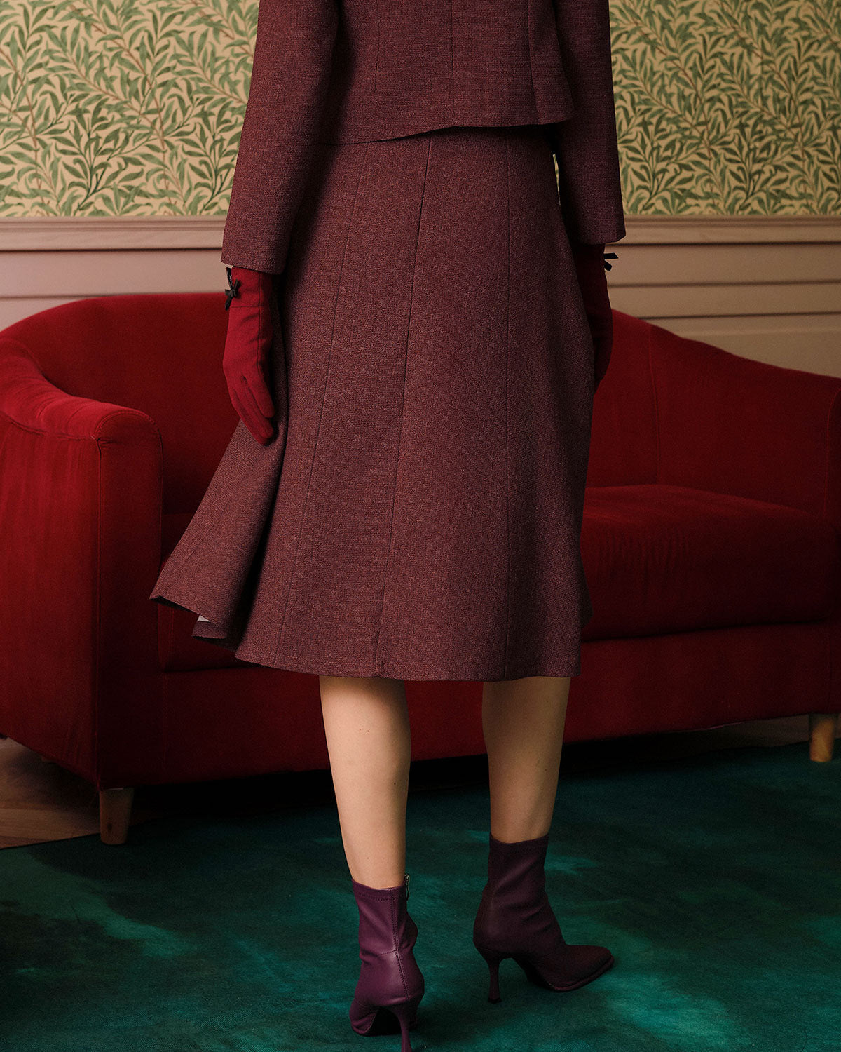 Burgundy High Waisted Tweed Skirt | Rihoas
