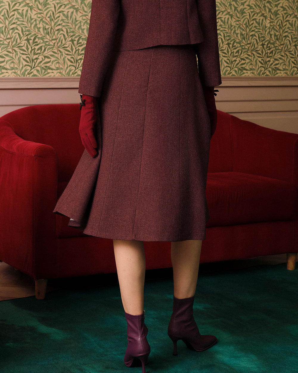 Burgundy High Waisted Tweed Skirt | Rihoas