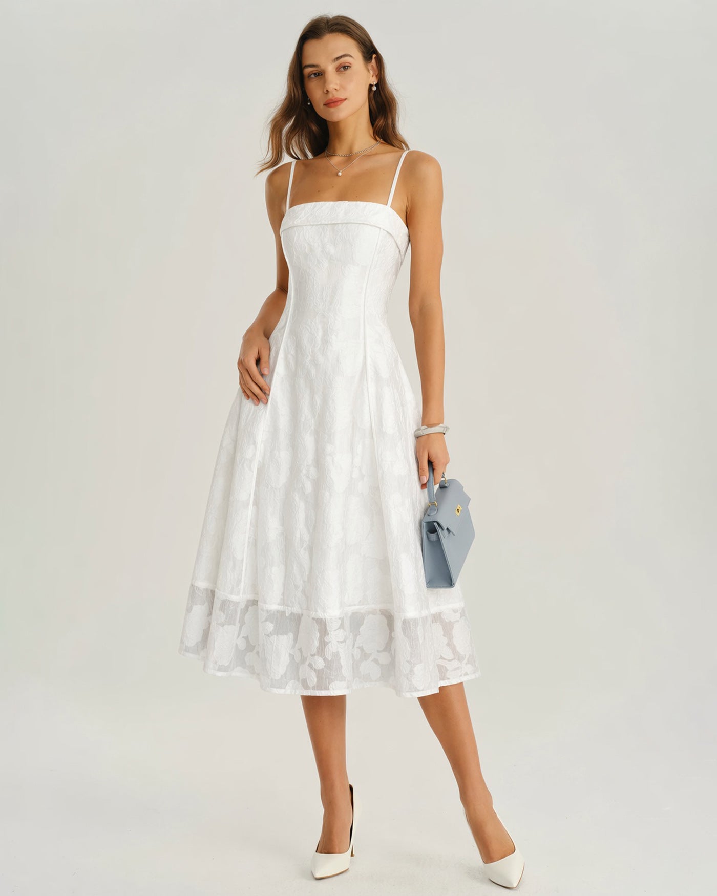 White Square Neck Jacquard Slip Midi Dress | Rihoas