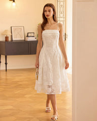 White Square Neck Jacquard Slip Midi Dress | Rihoas