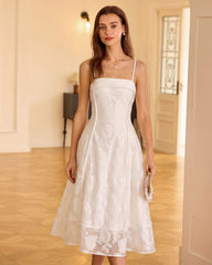 White Square Neck Jacquard Slip Midi Dress | Rihoas