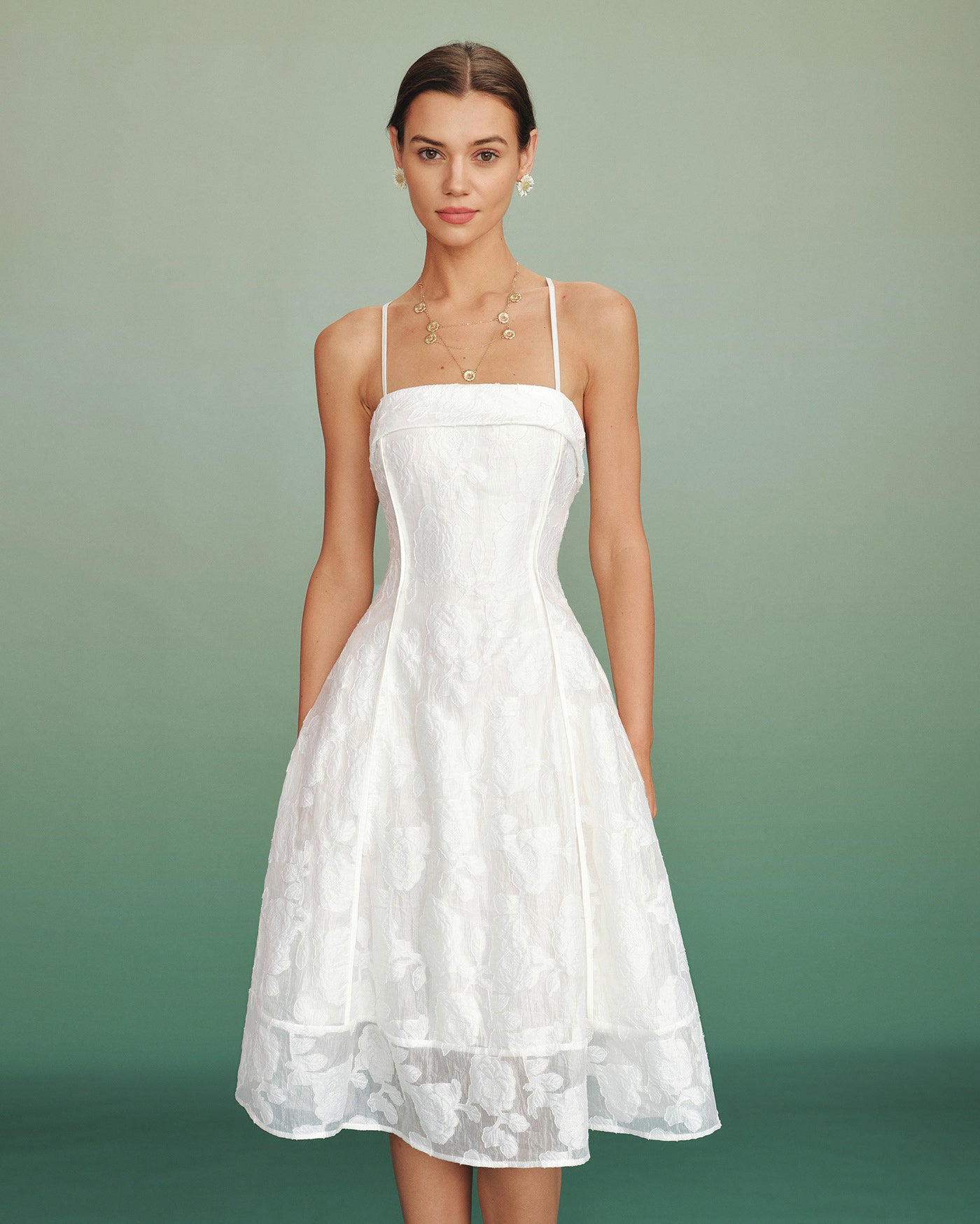 White Square Neck Jacquard Slip Midi Dress | Rihoas