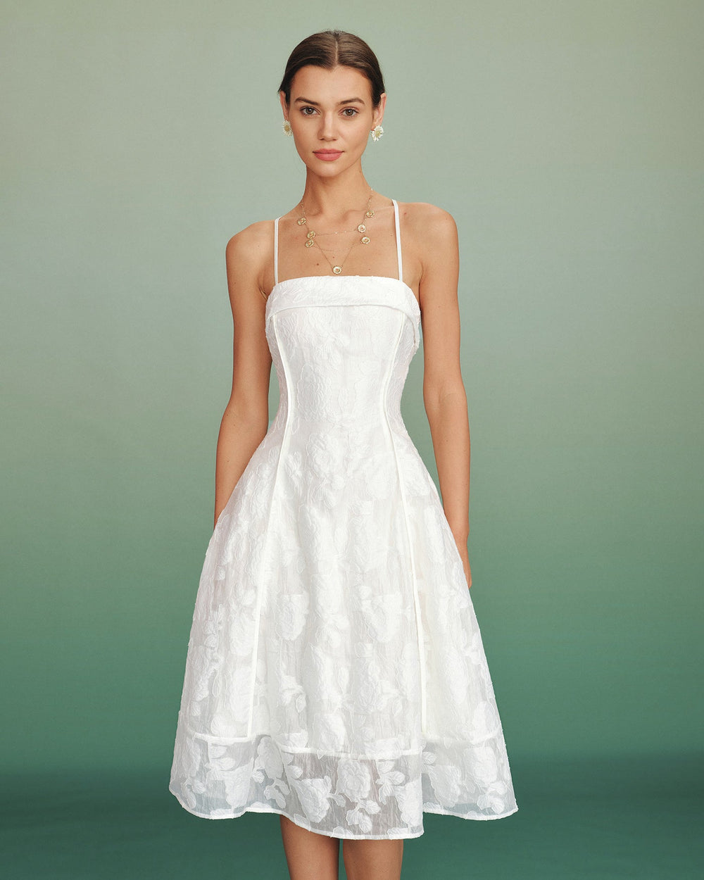White Square Neck Jacquard Slip Midi Dress | Rihoas