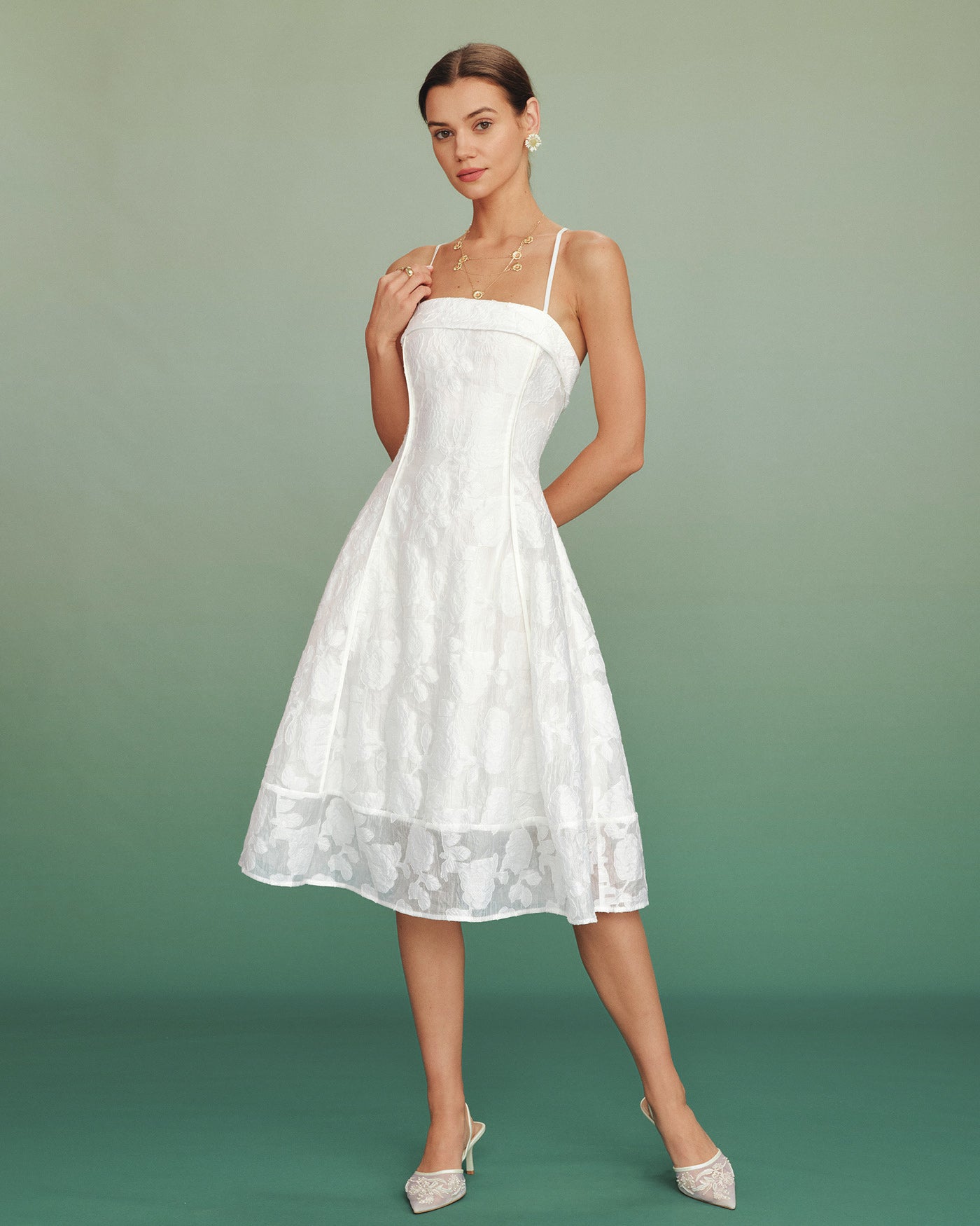 White Square Neck Jacquard Slip Midi Dress | Rihoas