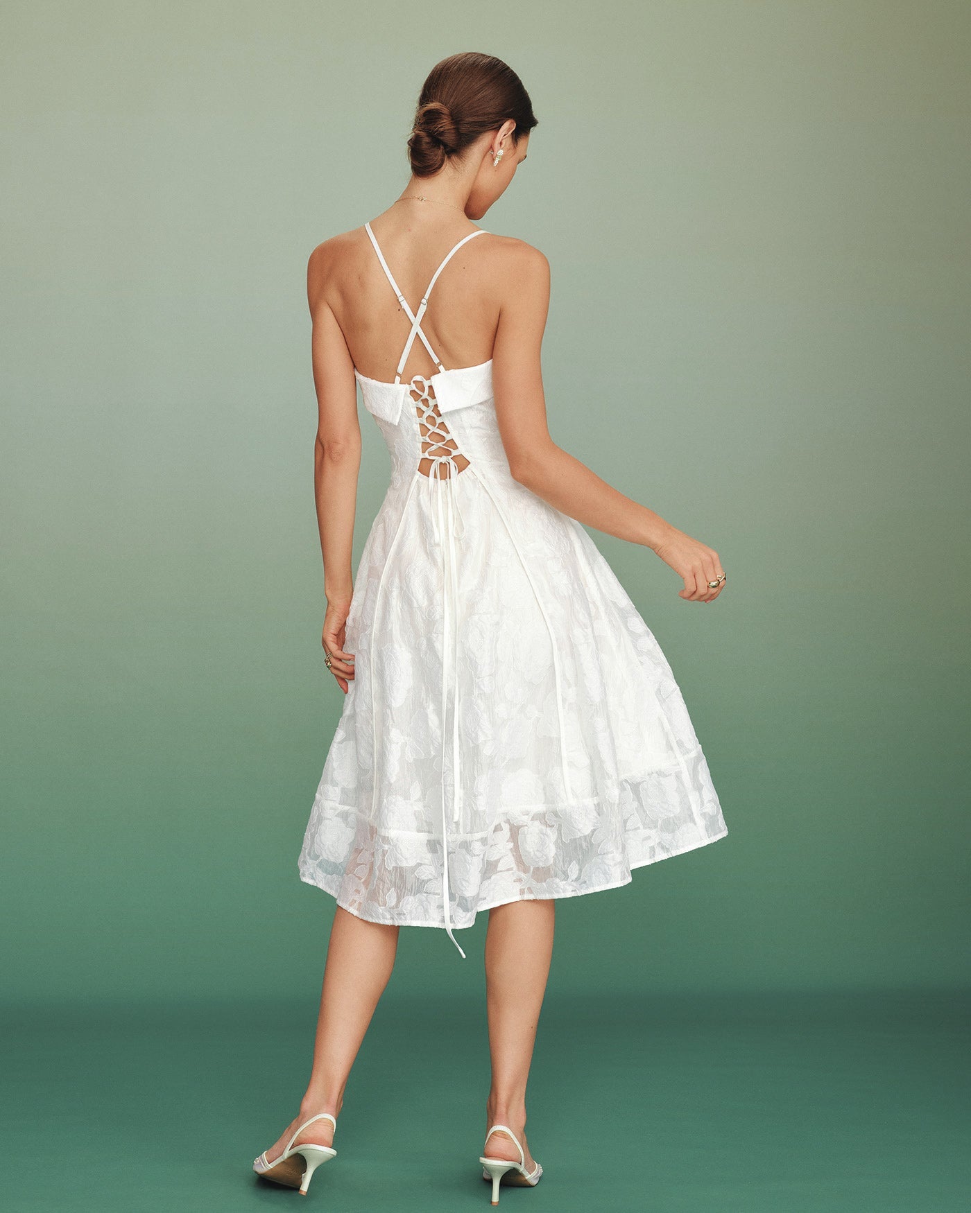 White Square Neck Jacquard Slip Midi Dress | Rihoas