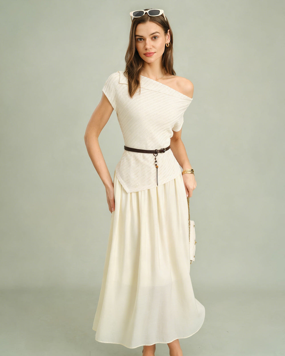 Apricot Boat Neck Belt Midi Dress | Rihoas