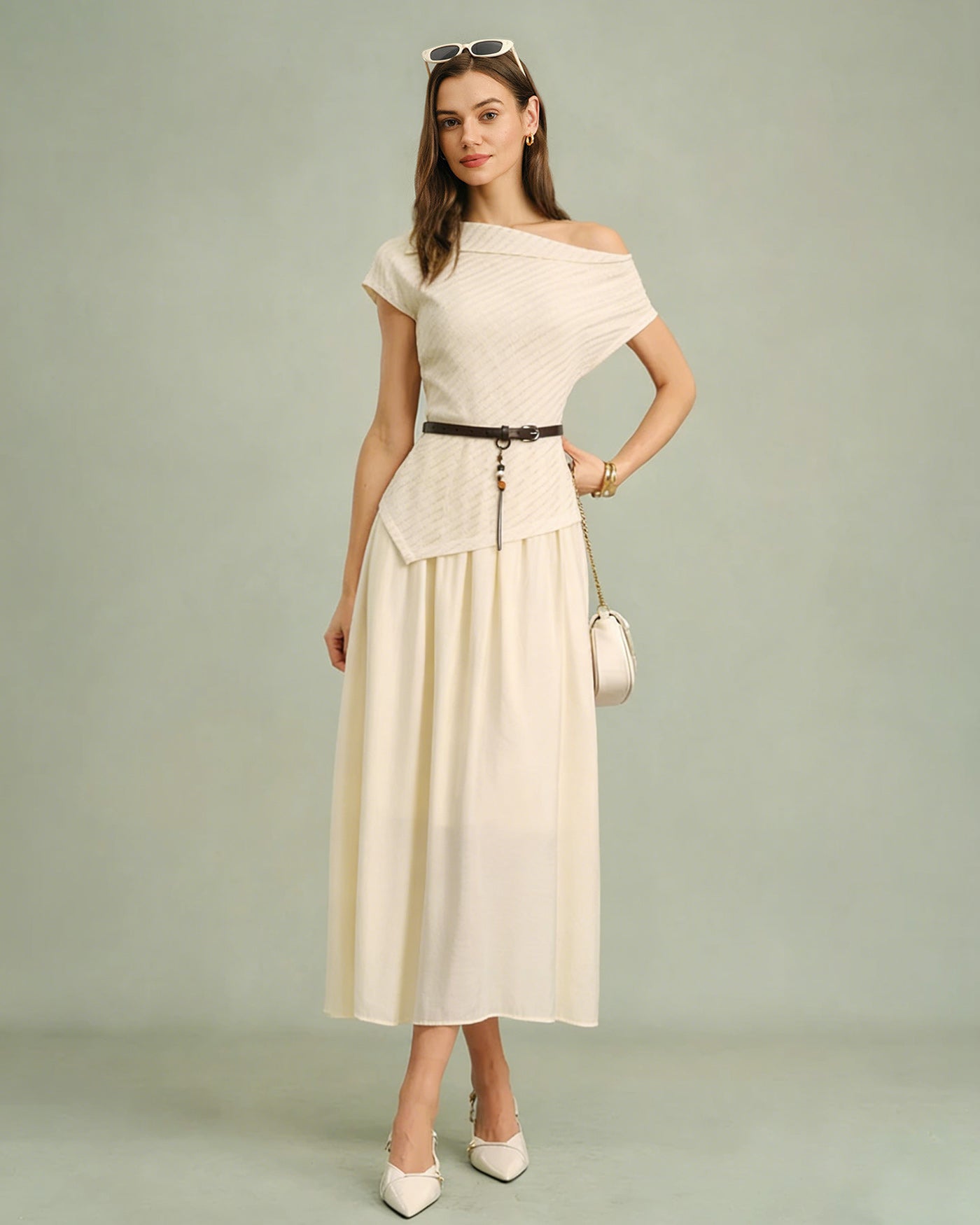Apricot Boat Neck Belt Midi Dress | Rihoas