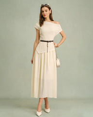 Apricot Boat Neck Belt Midi Dress | Rihoas