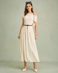 Apricot Boat Neck Belt Midi Dress | Rihoas
