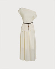 Apricot Boat Neck Belt Midi Dress | Rihoas