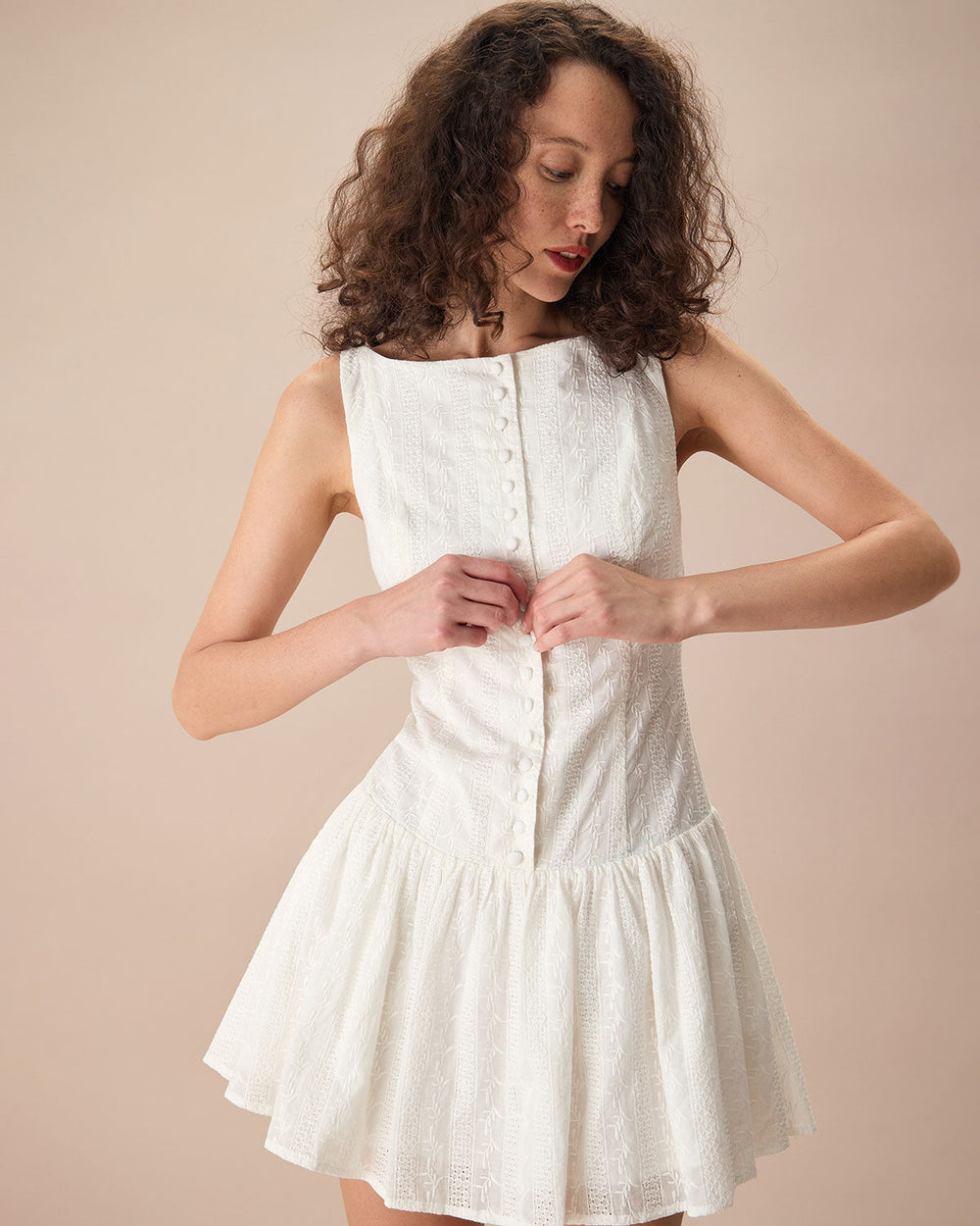Women's White Boat Neck Jacquard Cotton Mini Dress | Rihoas