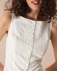 Women's White Boat Neck Jacquard Cotton Mini Dress | Rihoas