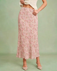 Pink Elastic Waist Floral Skirt | Rihoas