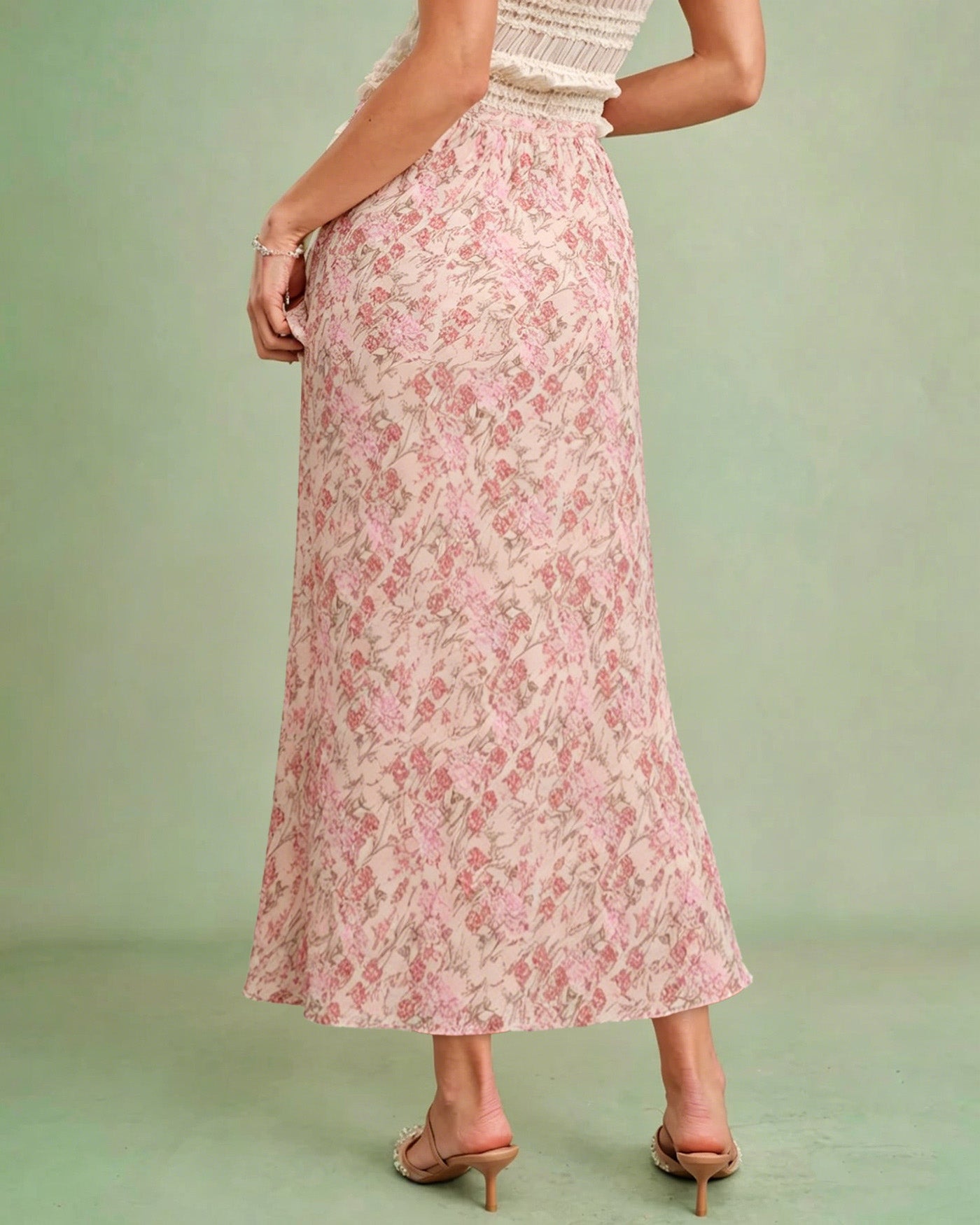 Pink Elastic Waist Floral Skirt | Rihoas