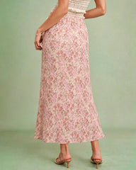 Pink Elastic Waist Floral Skirt | Rihoas