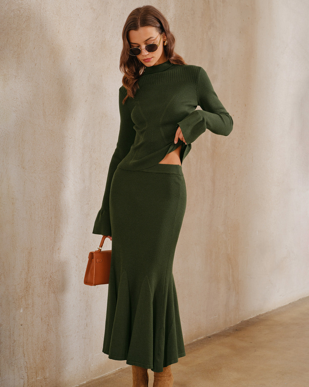 Green Knit Mermaid Midi Skirt | Rihoas