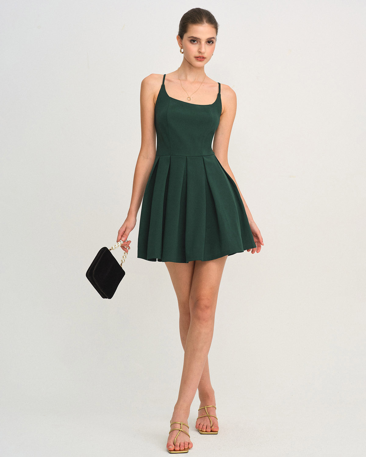 Green A-Line Pleated Slip Mini Dress | Rihoas