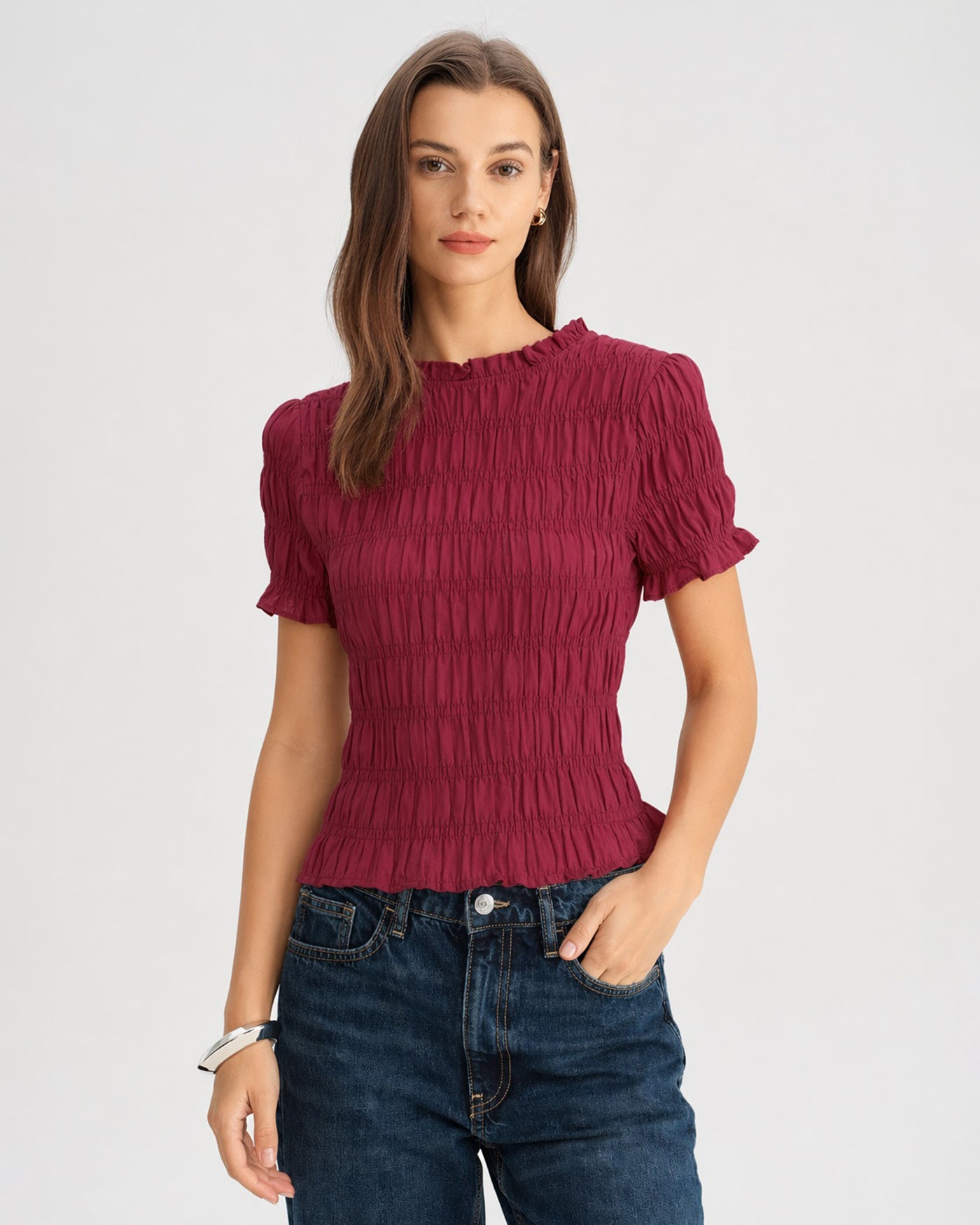 Red Cowl Neck Shirred Tee | Rihoas