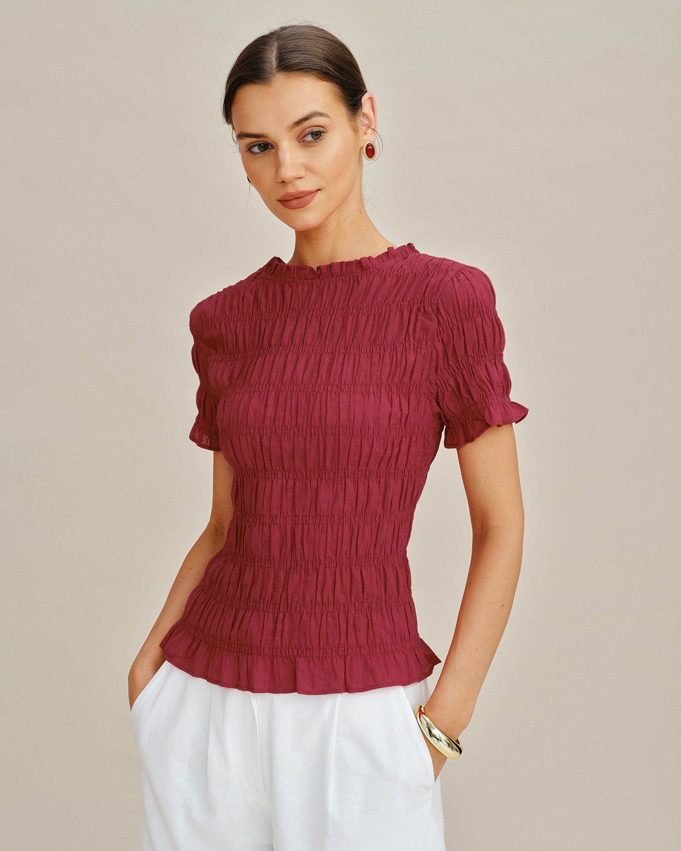 Red Cowl Neck Shirred Tee | Rihoas