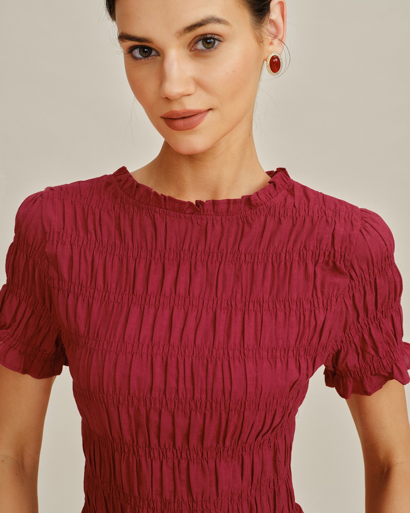 Red Cowl Neck Shirred Tee | Rihoas