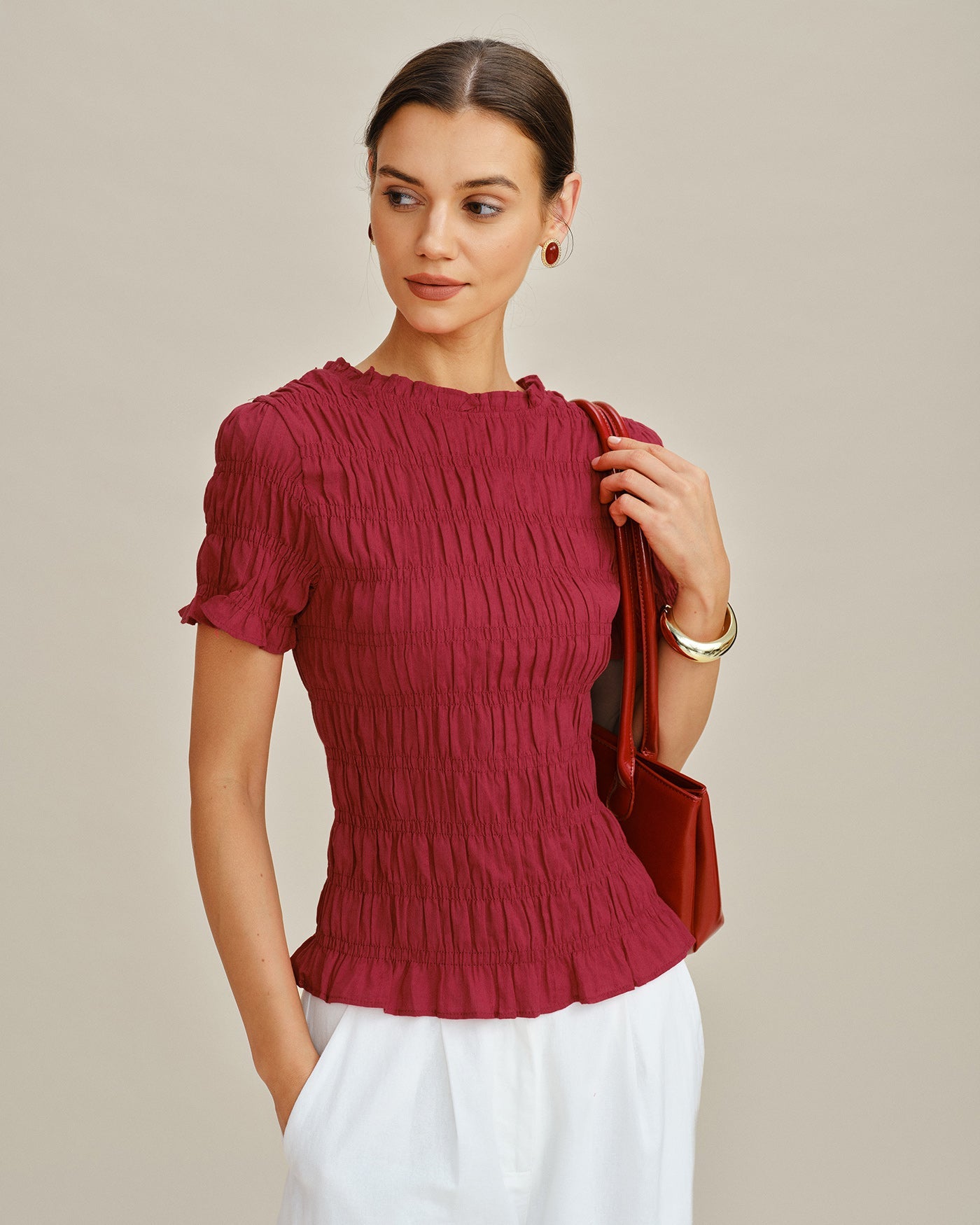 Red Cowl Neck Shirred Tee | Rihoas