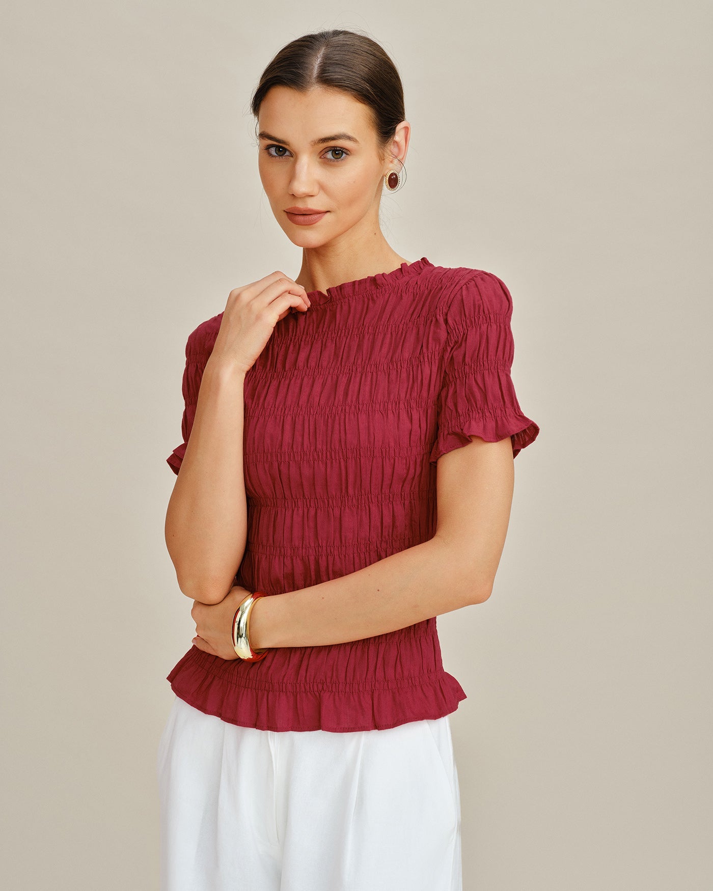 Red Cowl Neck Shirred Tee | Rihoas