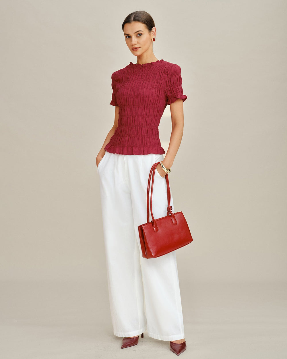 Red Cowl Neck Shirred Tee | Rihoas