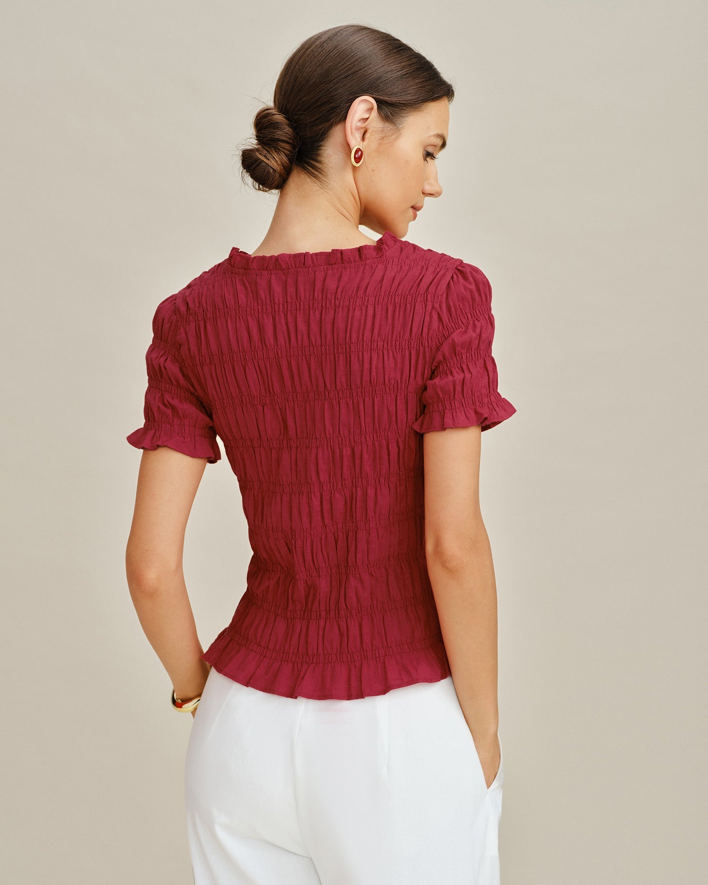 Red Cowl Neck Shirred Tee | Rihoas