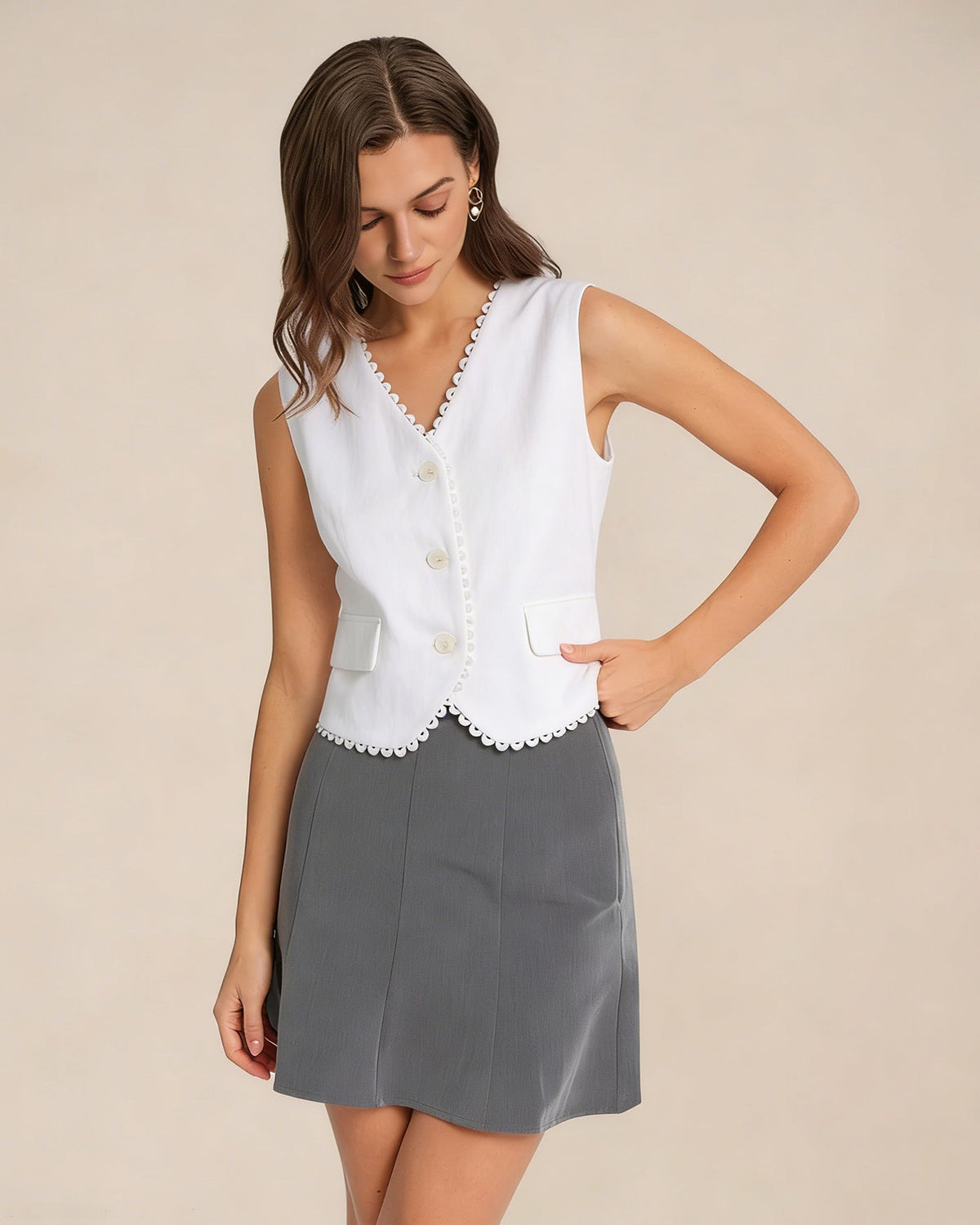 White V Neck Single Breasted Vest | Rihoas