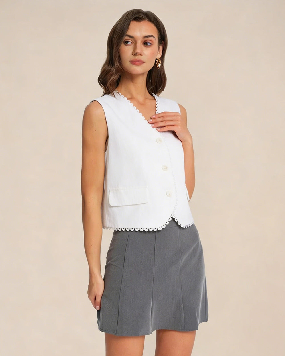 White V Neck Single Breasted Vest | Rihoas