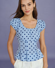 Blue U Neck Polka Dot Tee | Rihoas