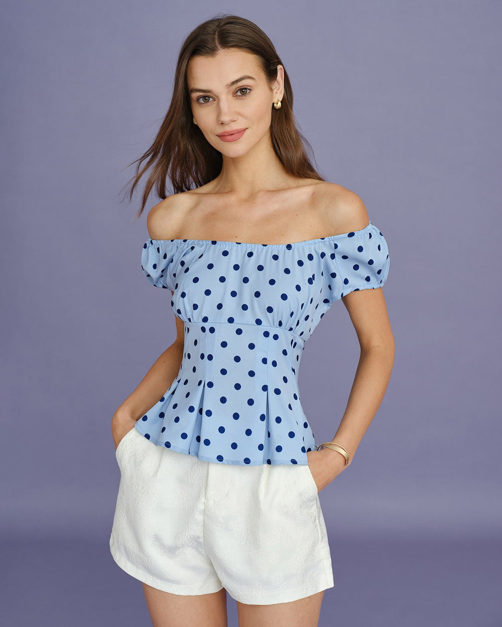 Blue U Neck Polka Dot Tee | Rihoas