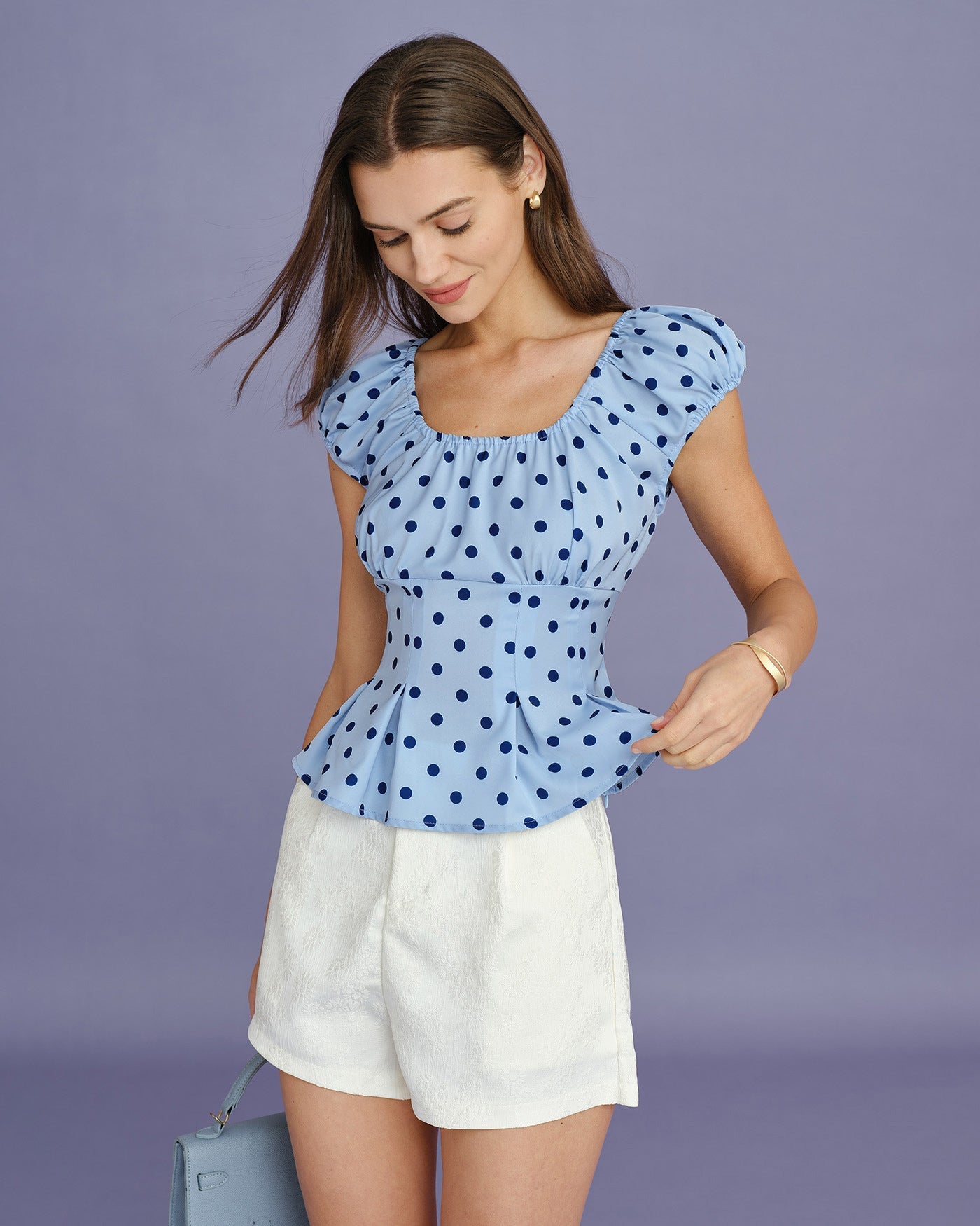 Blue U Neck Polka Dot Tee | Rihoas