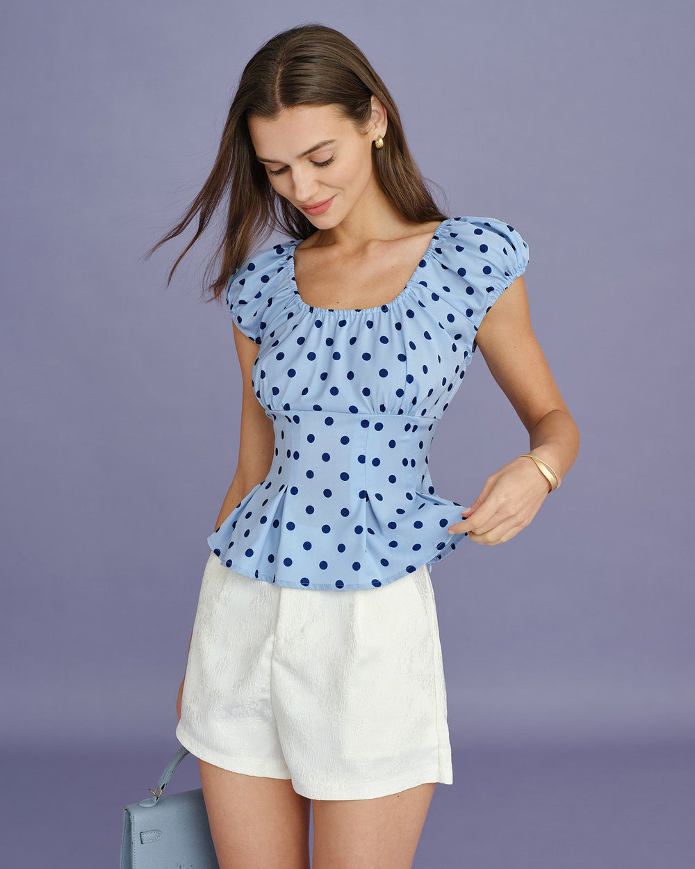 Blue U Neck Polka Dot Tee | Rihoas