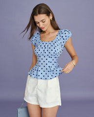 Blue U Neck Polka Dot Tee | Rihoas