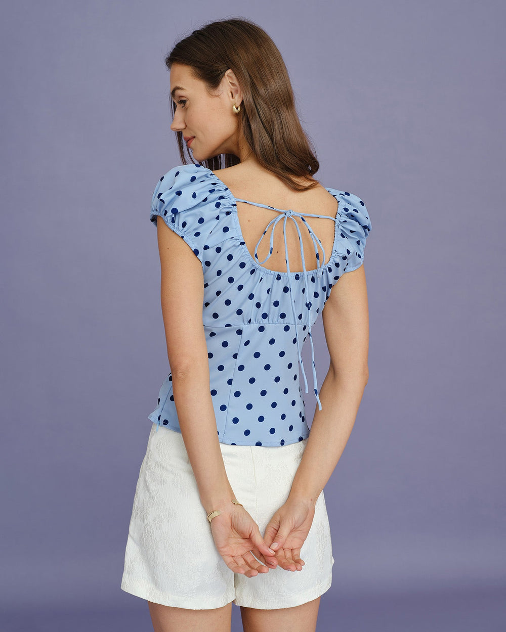 Blue U Neck Polka Dot Tee | Rihoas