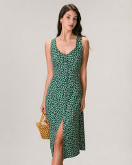 The Green V Neck Floral Button Midi Dress | Rihoas