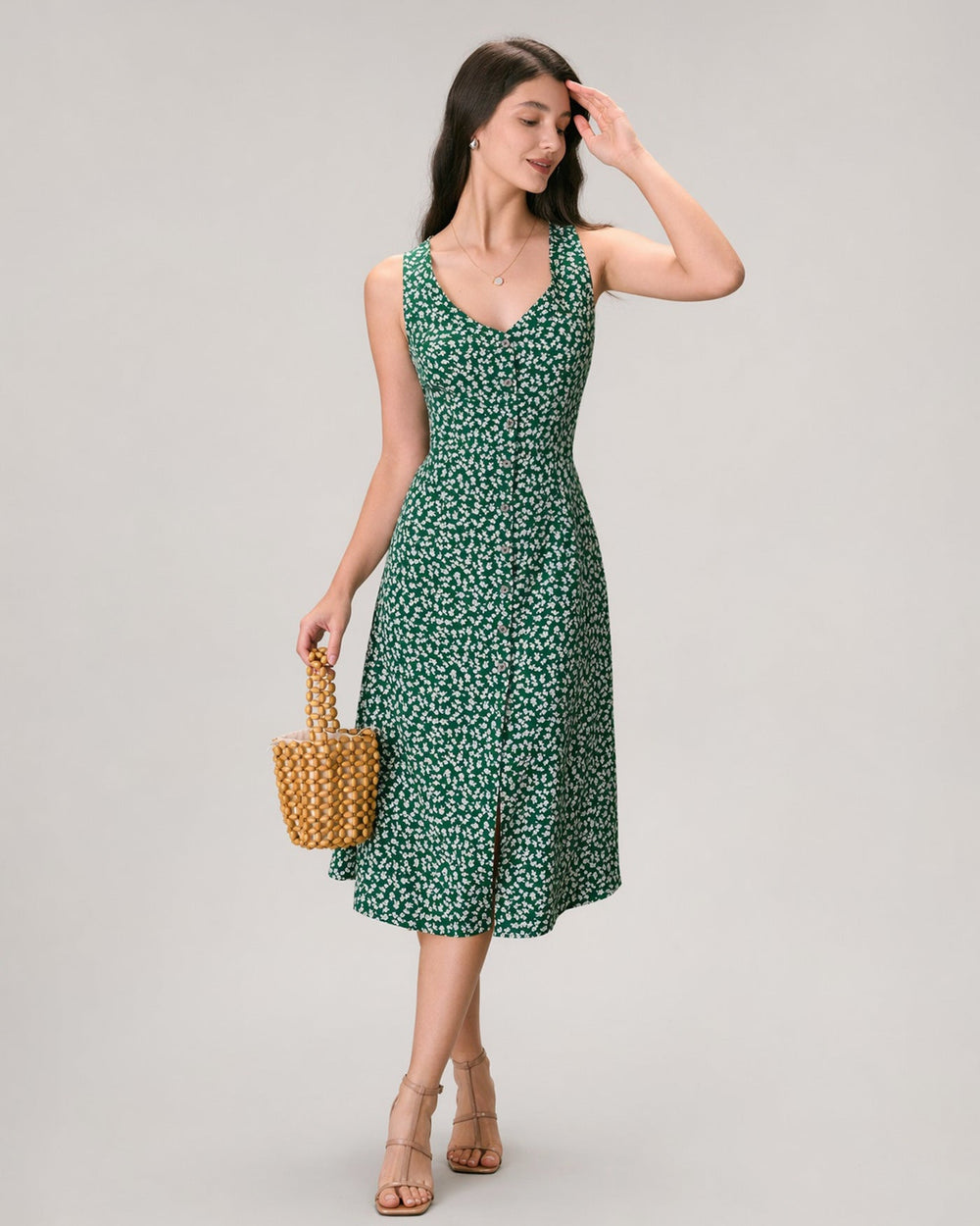 The Green V Neck Floral Button Midi Dress | Rihoas