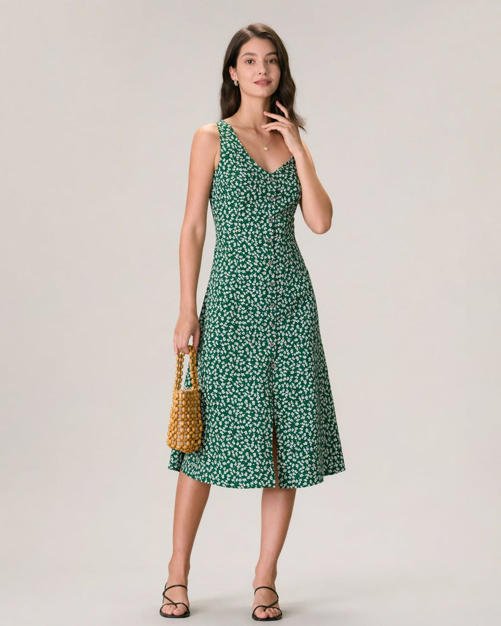 The Green V Neck Floral Button Midi Dress | Rihoas