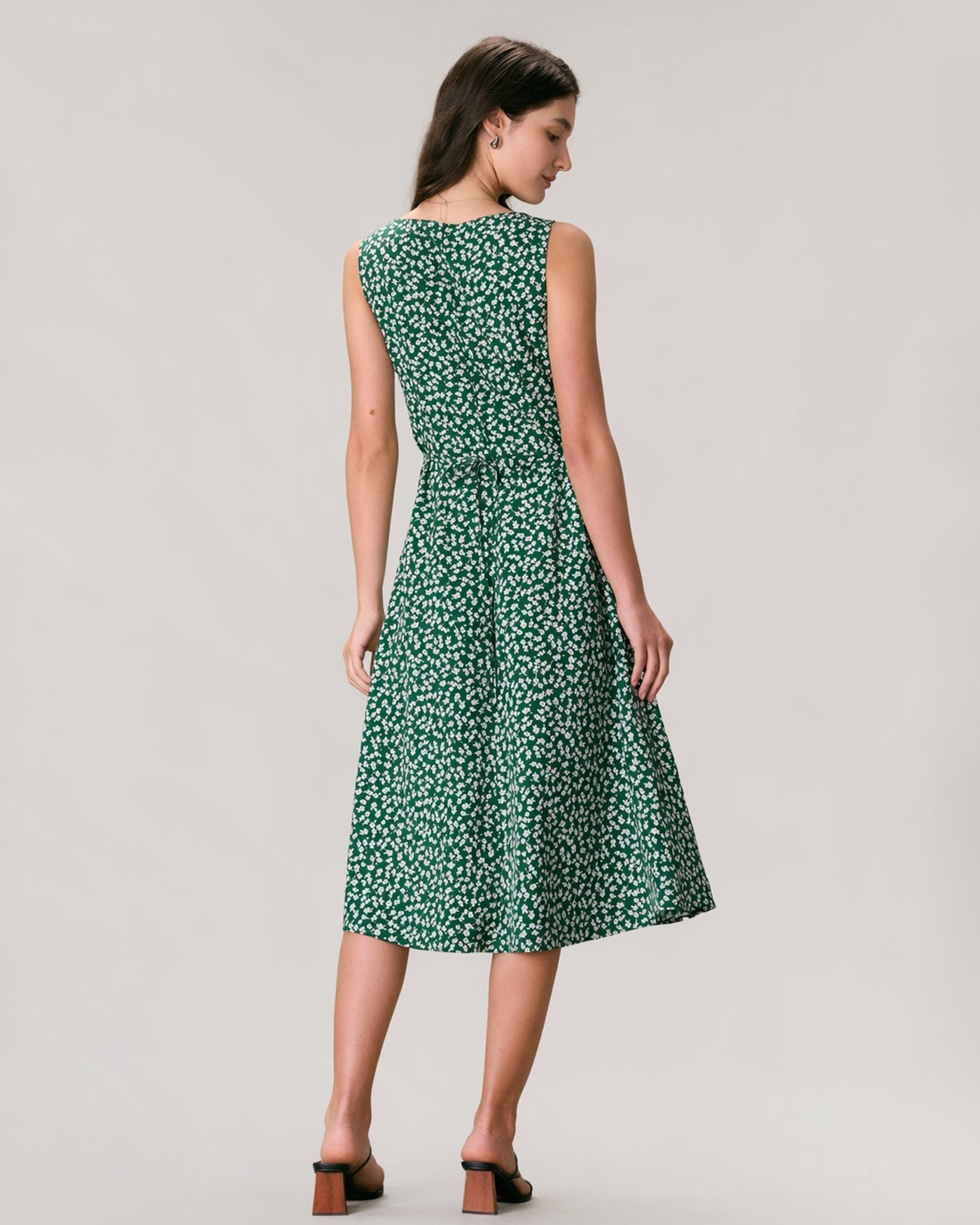 The Green V Neck Floral Button Midi Dress | Rihoas