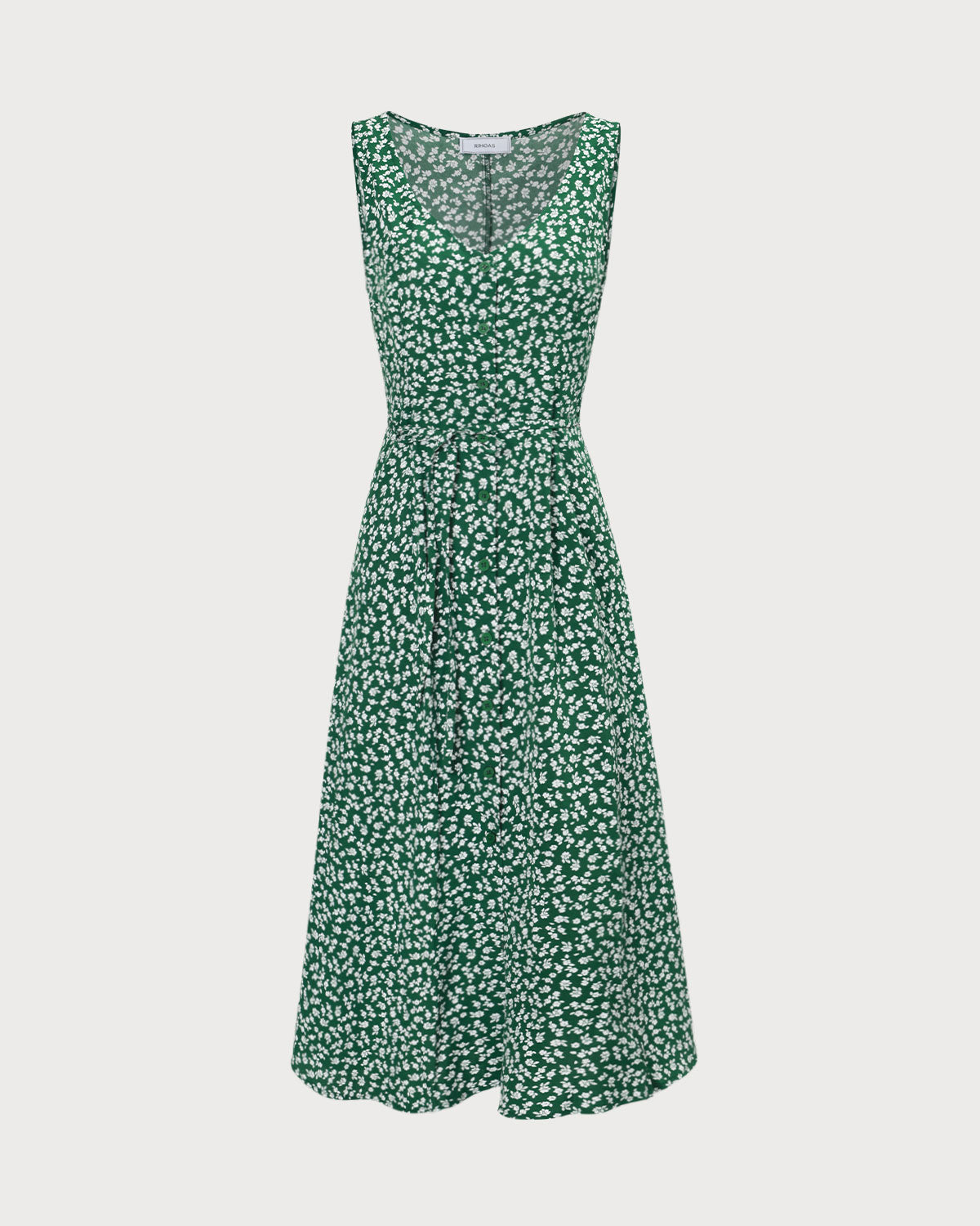 The Green V Neck Floral Button Midi Dress | Rihoas