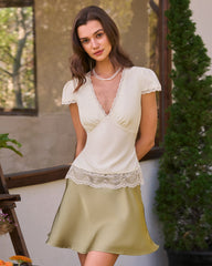 Apricot V Neck Lace Splicing Tee | Rihoas