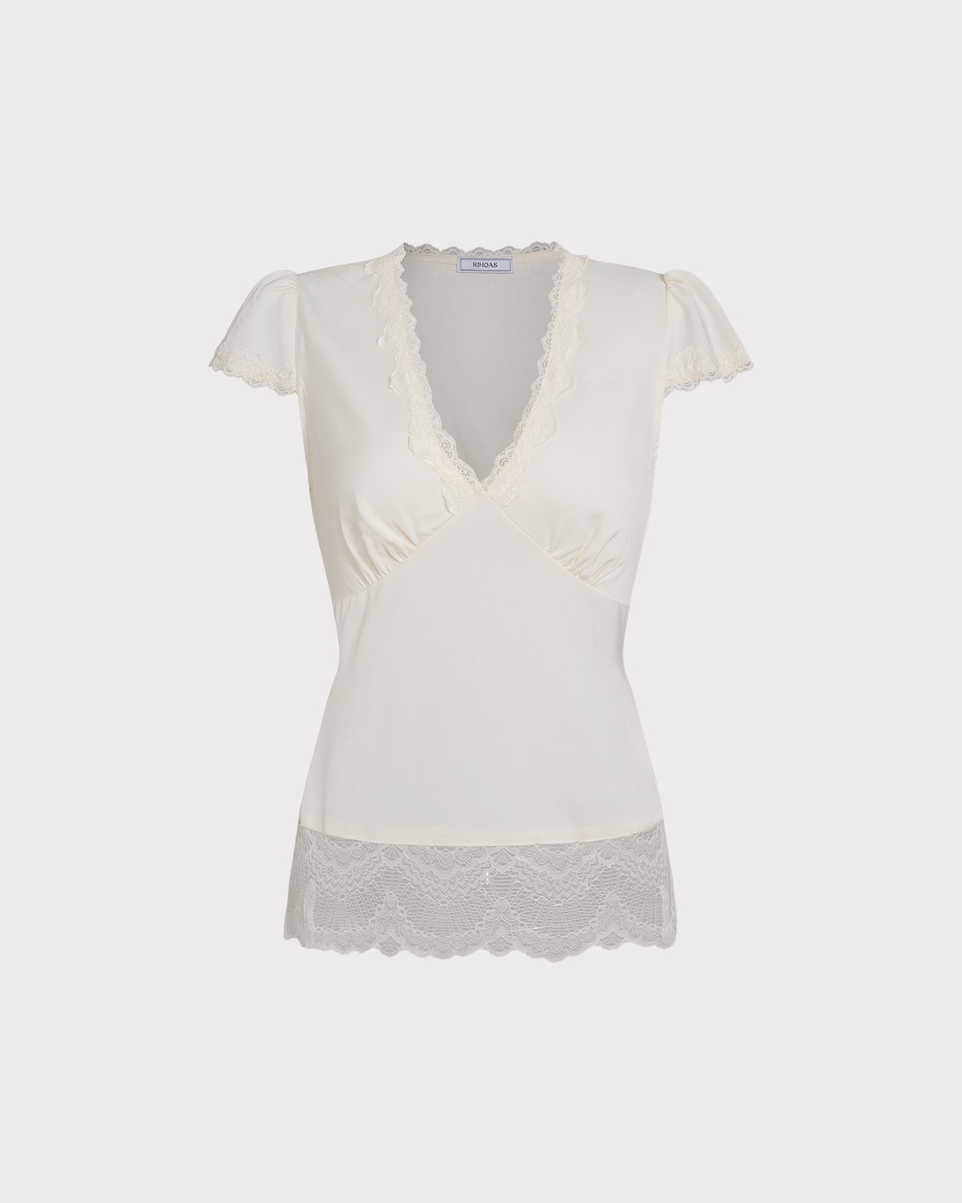 Apricot V Neck Lace Splicing Tee | Rihoas