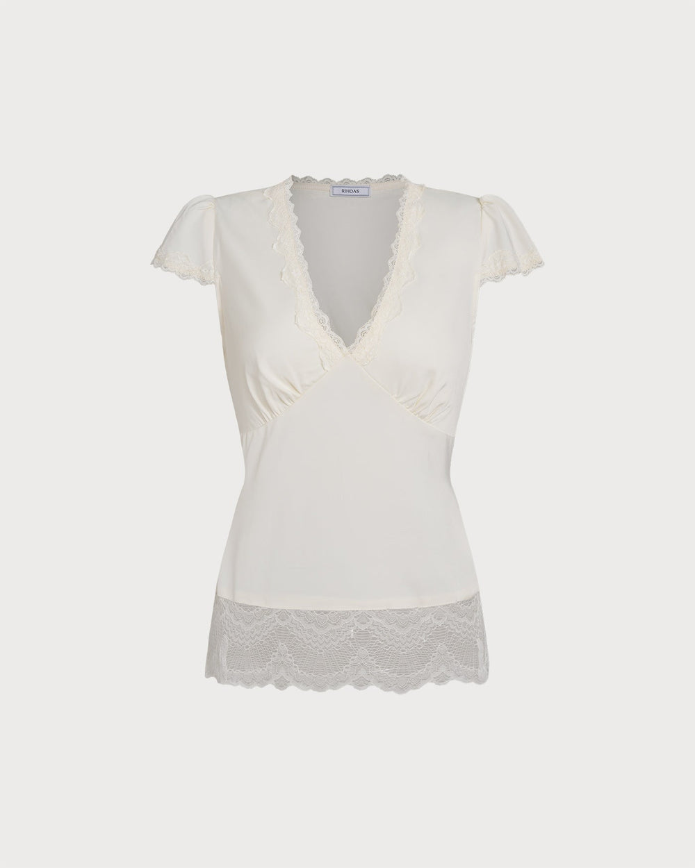 Apricot V Neck Lace Splicing Tee | Rihoas